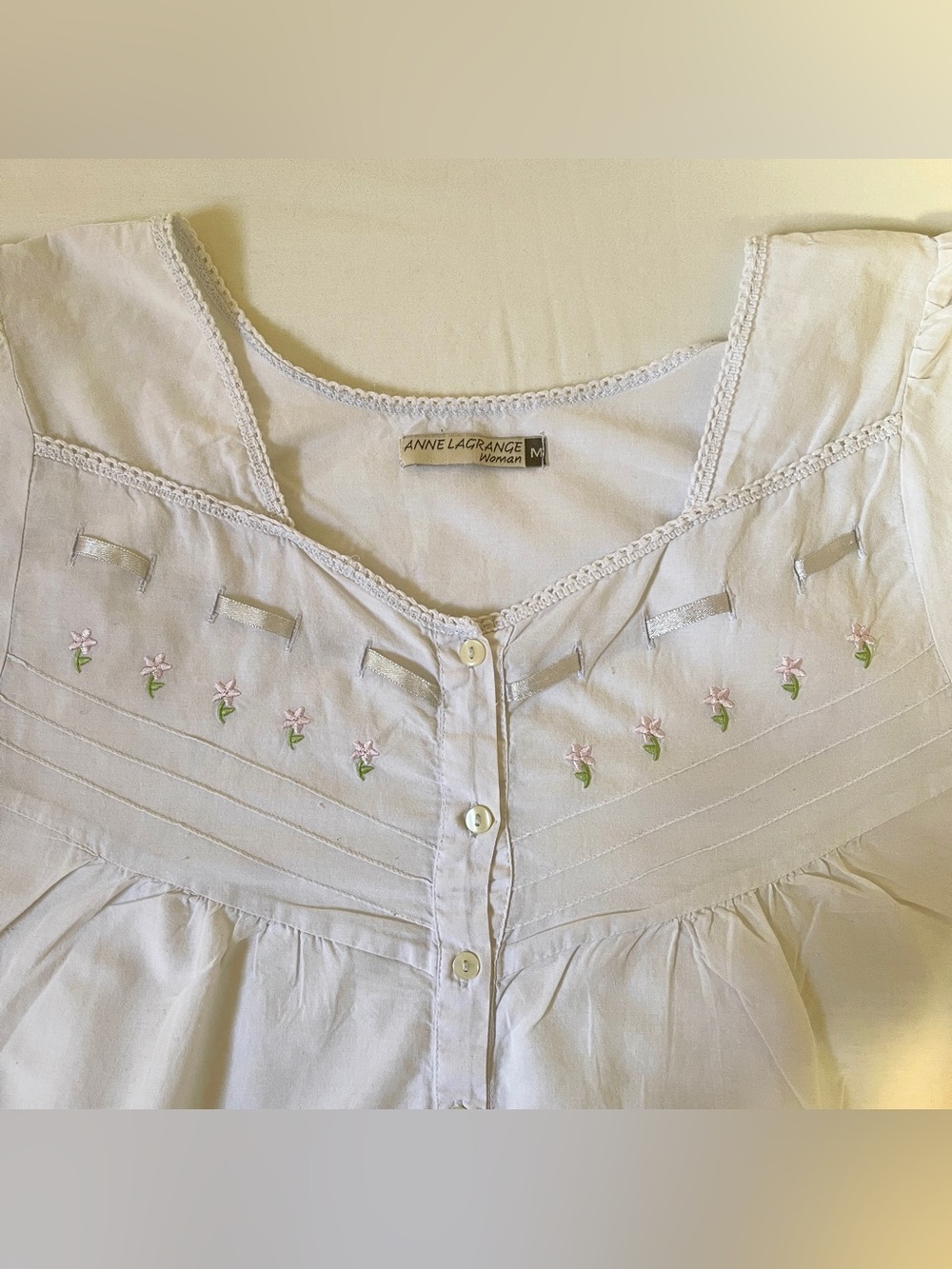 Anne Lagrange White Floral Embroidered Cotton Nightgown